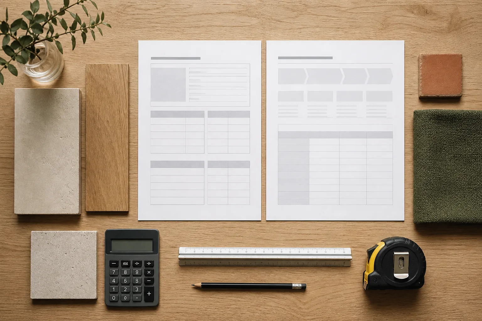 Hojas estructuradas, calculadora, escala, cinta métrica y materiales ordenados sobre una mesa
