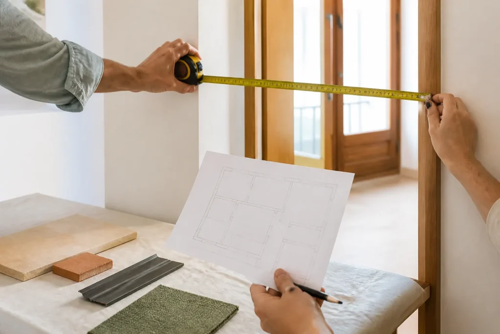 Manos midiendo un hueco interior mientras revisan un plano y muestras de materiales