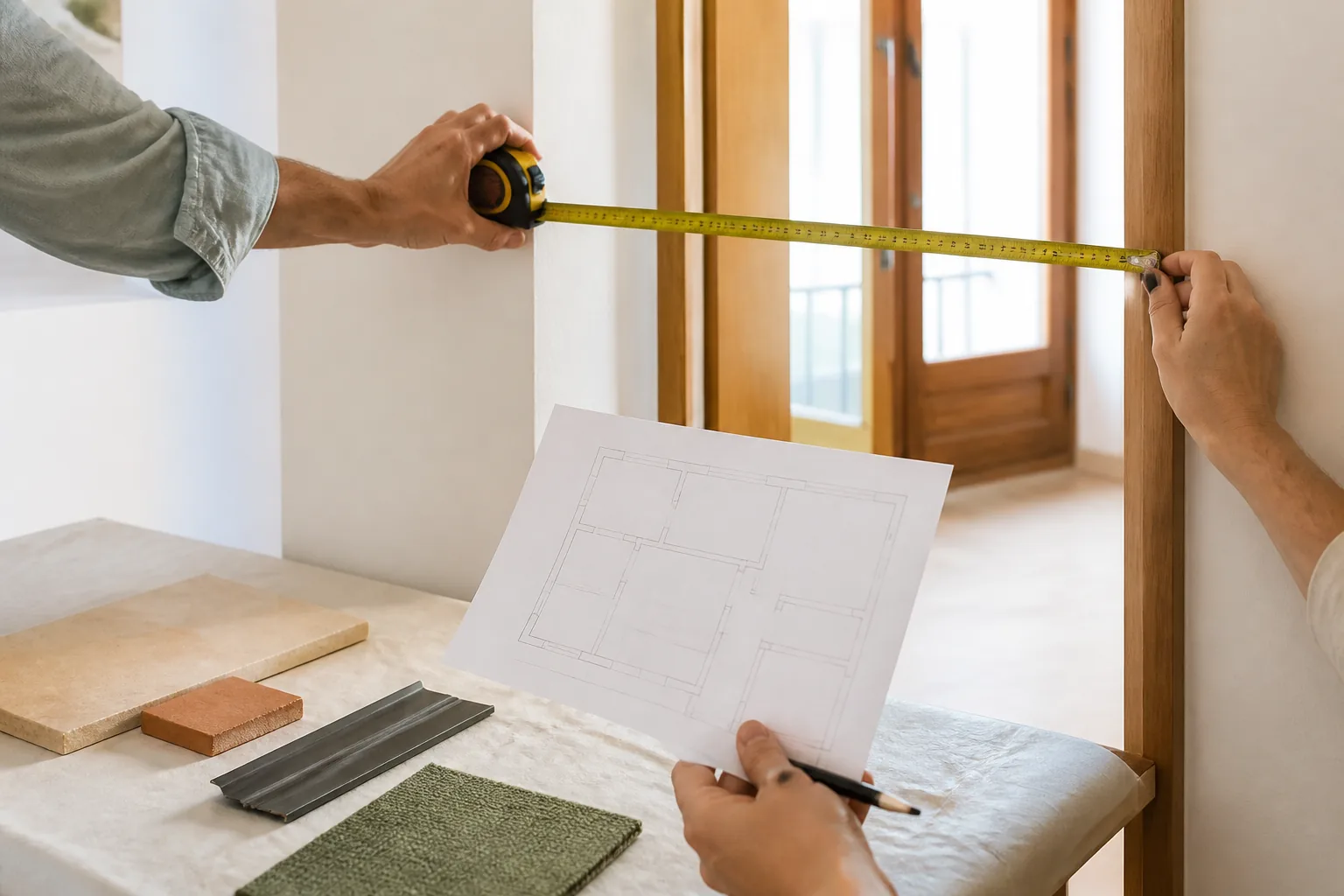 Manos midiendo un hueco interior mientras revisan un plano y muestras de materiales