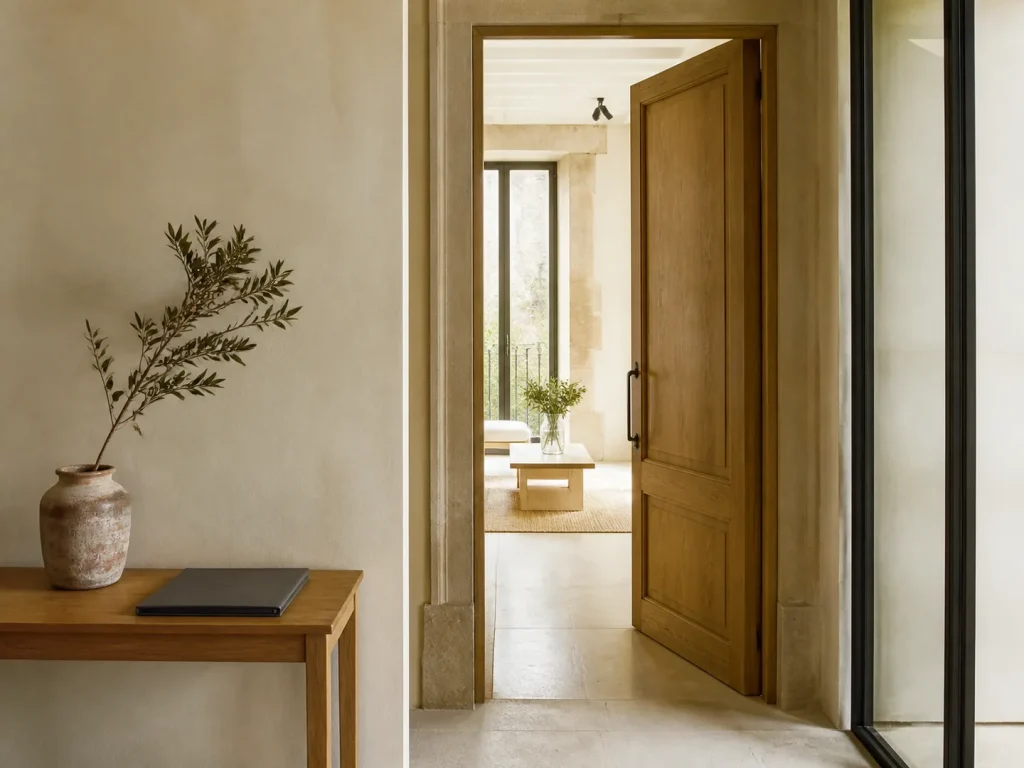 Puerta interior abierta hacia una estancia luminosa junto a una mesa de madera