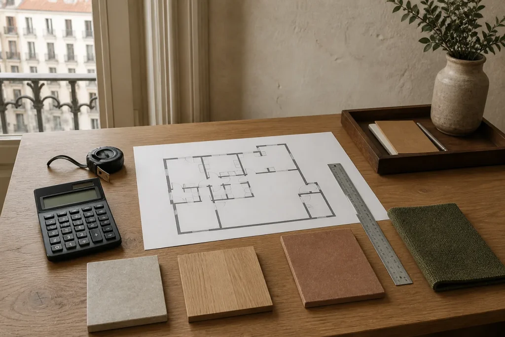 Plano de vivienda sin texto, calculadora, cinta métrica y muestras de piedra, madera, cerámica y tejido sobre una mesa