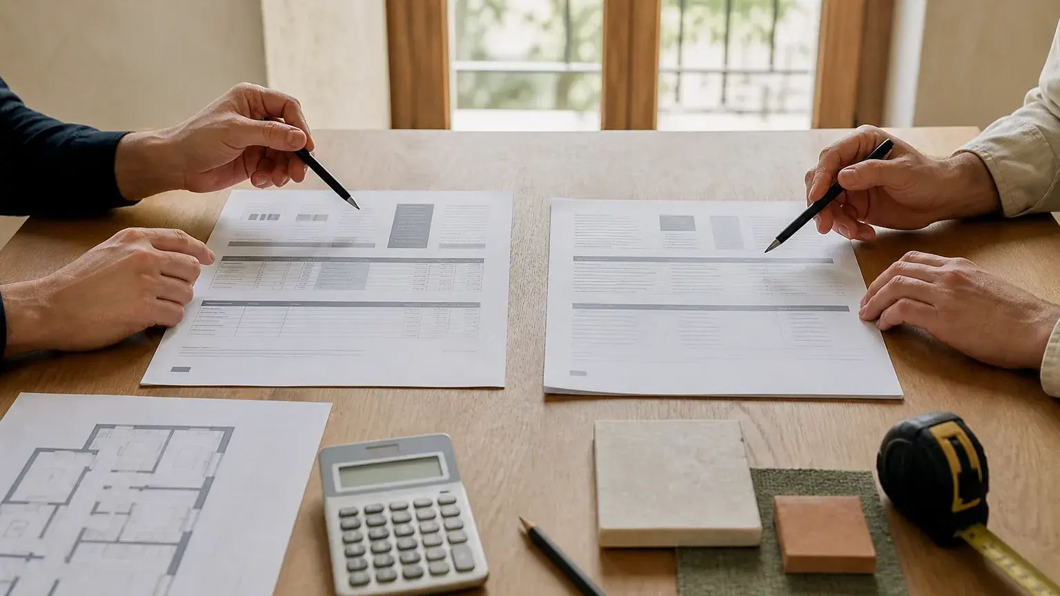 Dos personas comparando propuestas, un plano y muestras de materiales sobre una mesa