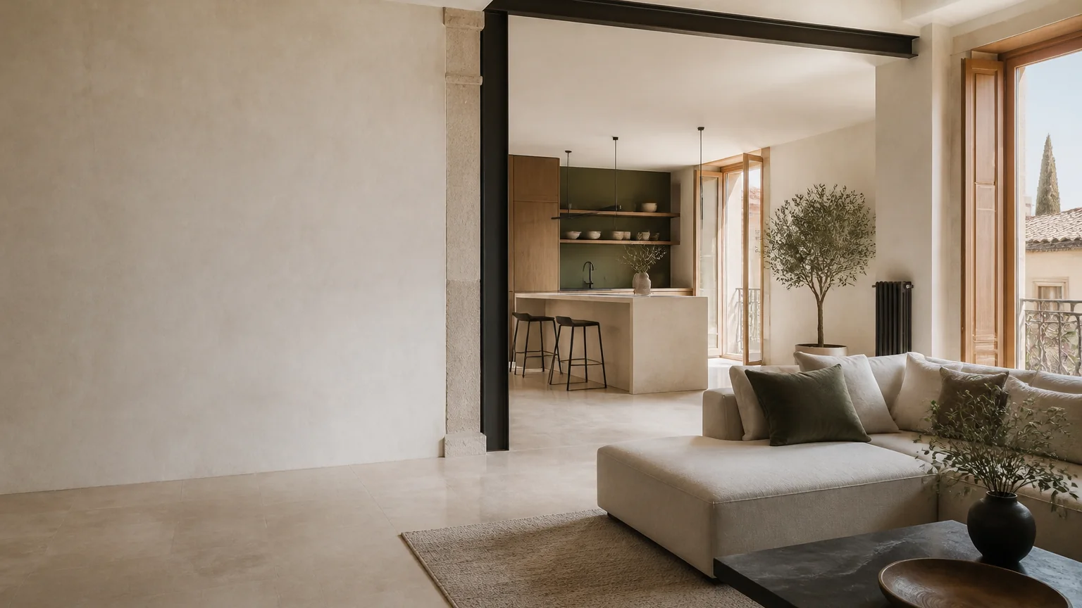 Interior contemporáneo con salón y cocina conectados mediante una distribución abierta