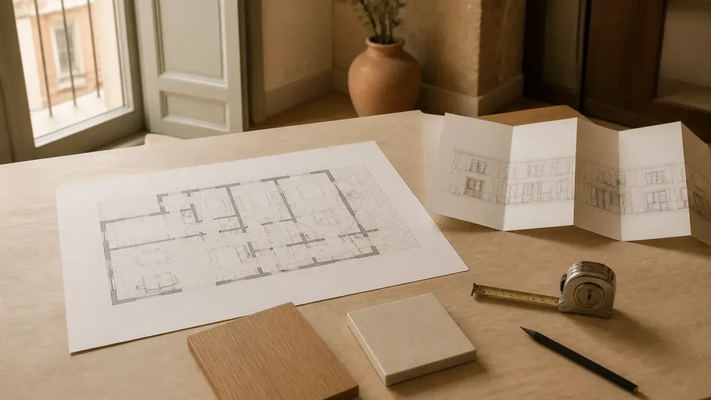 Planos de una vivienda, muestras de materiales, cinta métrica y lápiz sobre una mesa de trabajo