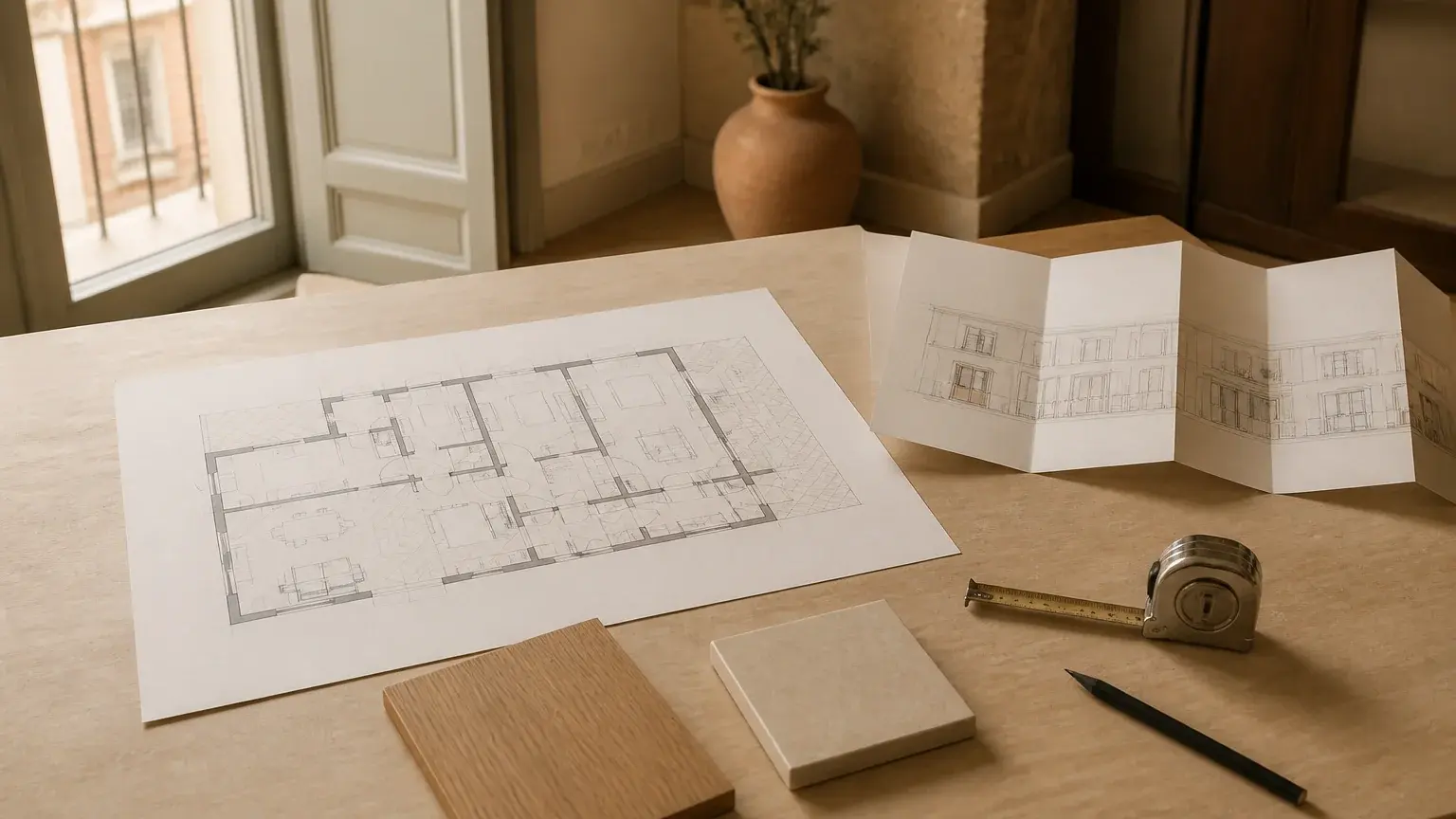 Planos de una vivienda, muestras de materiales, cinta métrica y lápiz sobre una mesa de trabajo