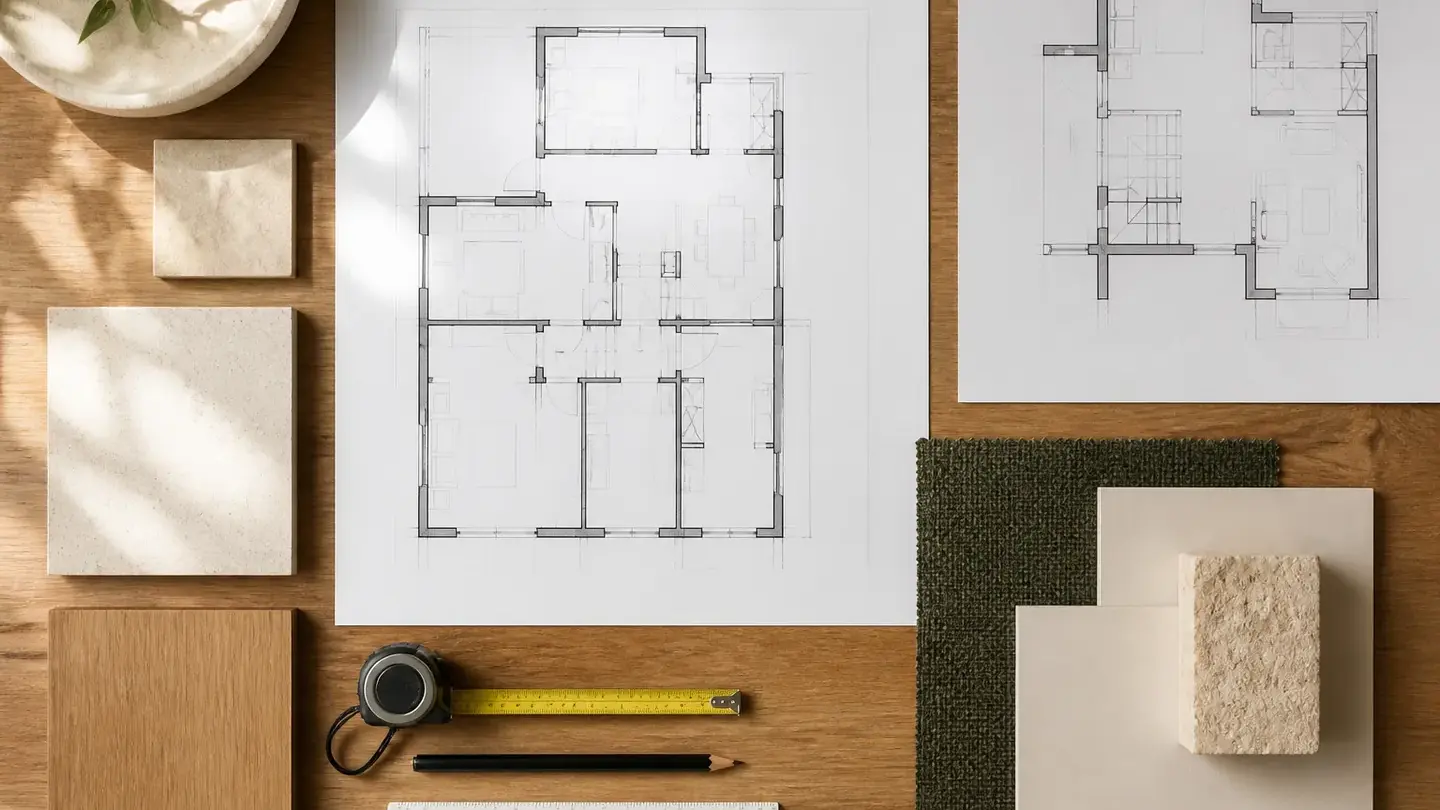 Planos de vivienda, cinta métrica y muestras de materiales organizados sobre una mesa