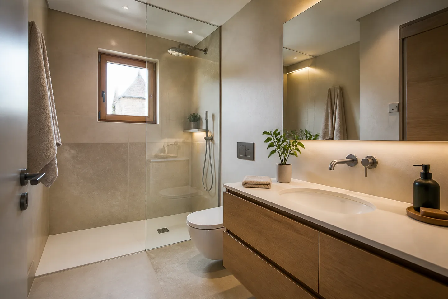 Baño contemporáneo con piedra clara, ducha continua y mueble de madera