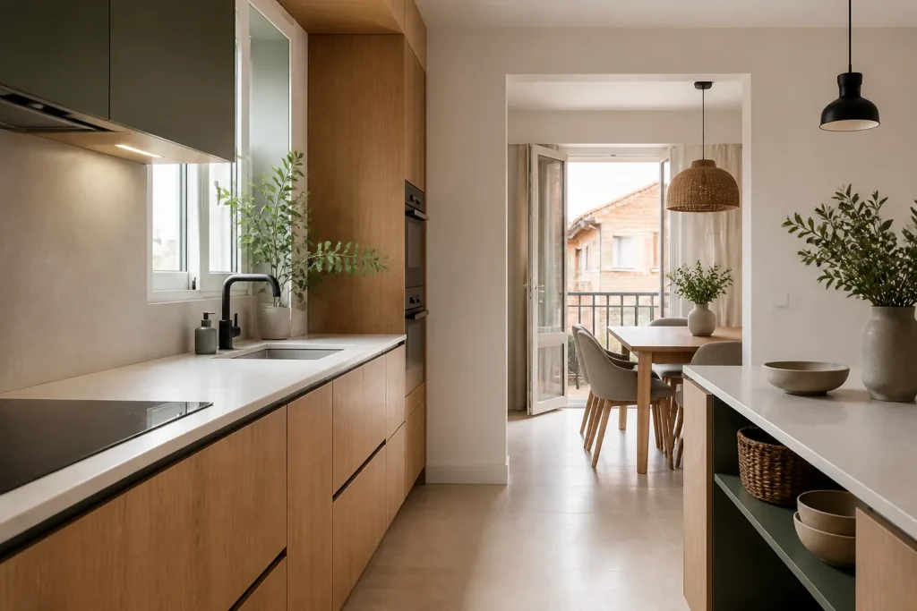 Cocina contemporánea con madera clara, frentes verdes y encimera de piedra mate