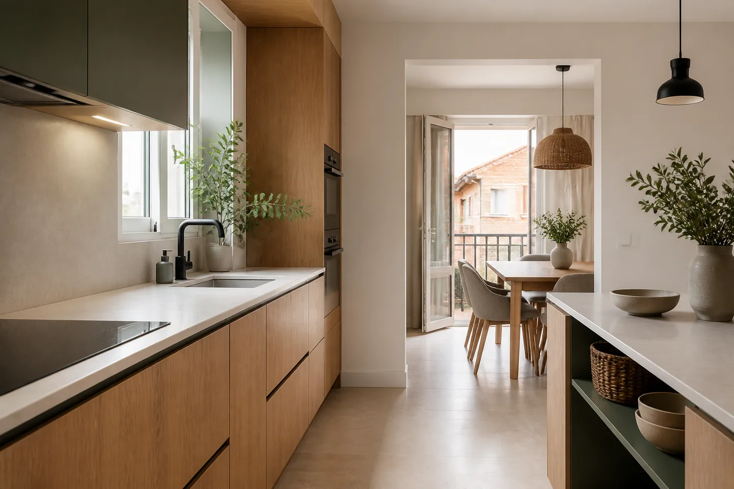 Cocina contemporánea con madera clara, frentes verdes y encimera de piedra mate