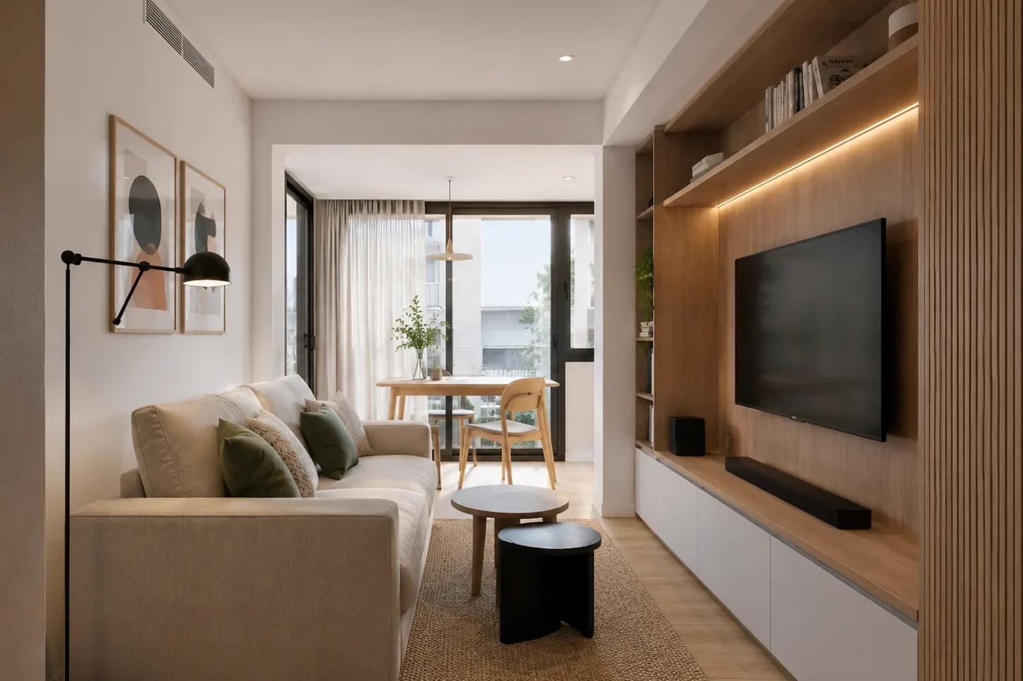 Salón minimalista con luz natural y madera
