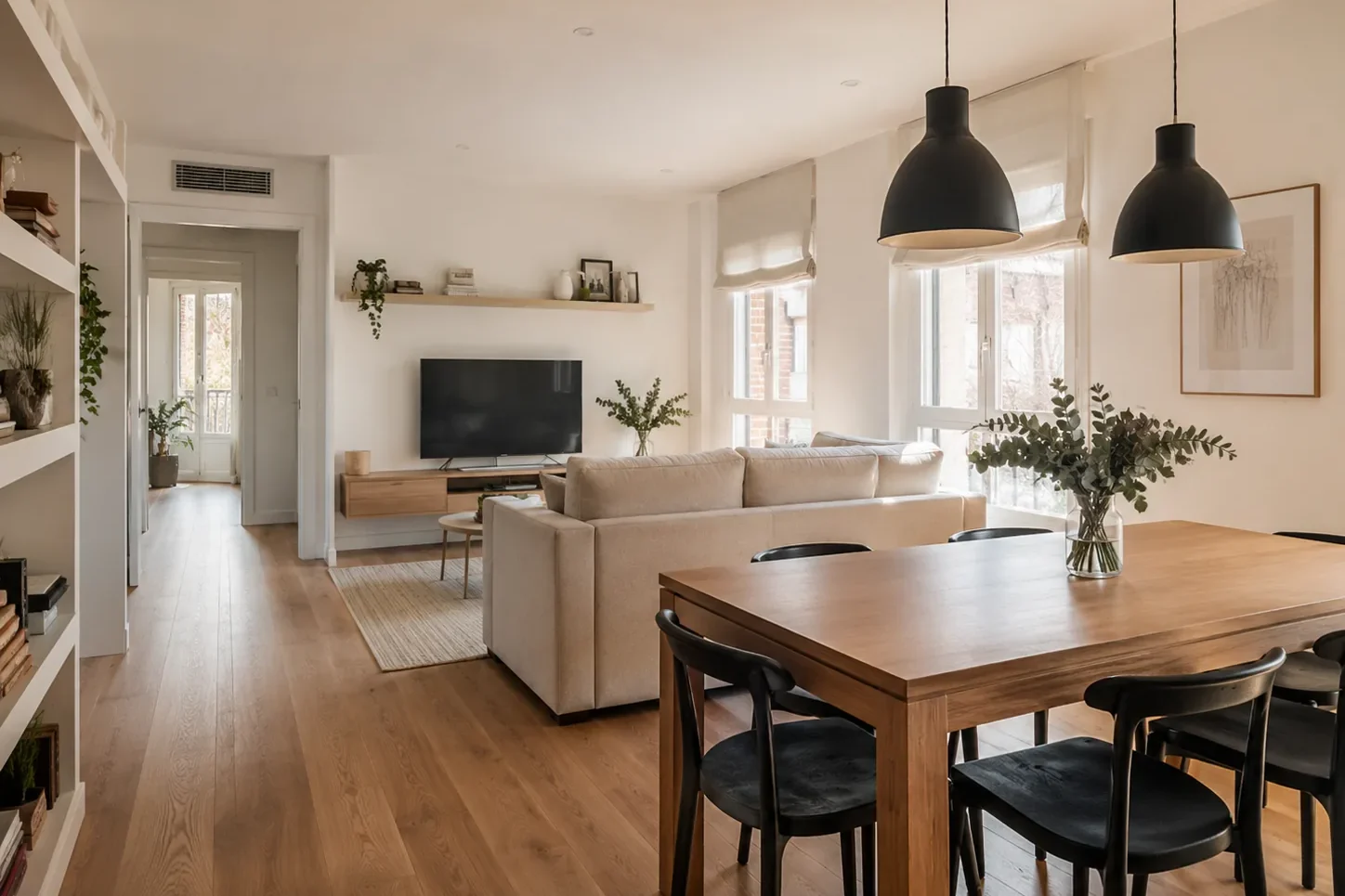 Salón nórdico con comedor de madera