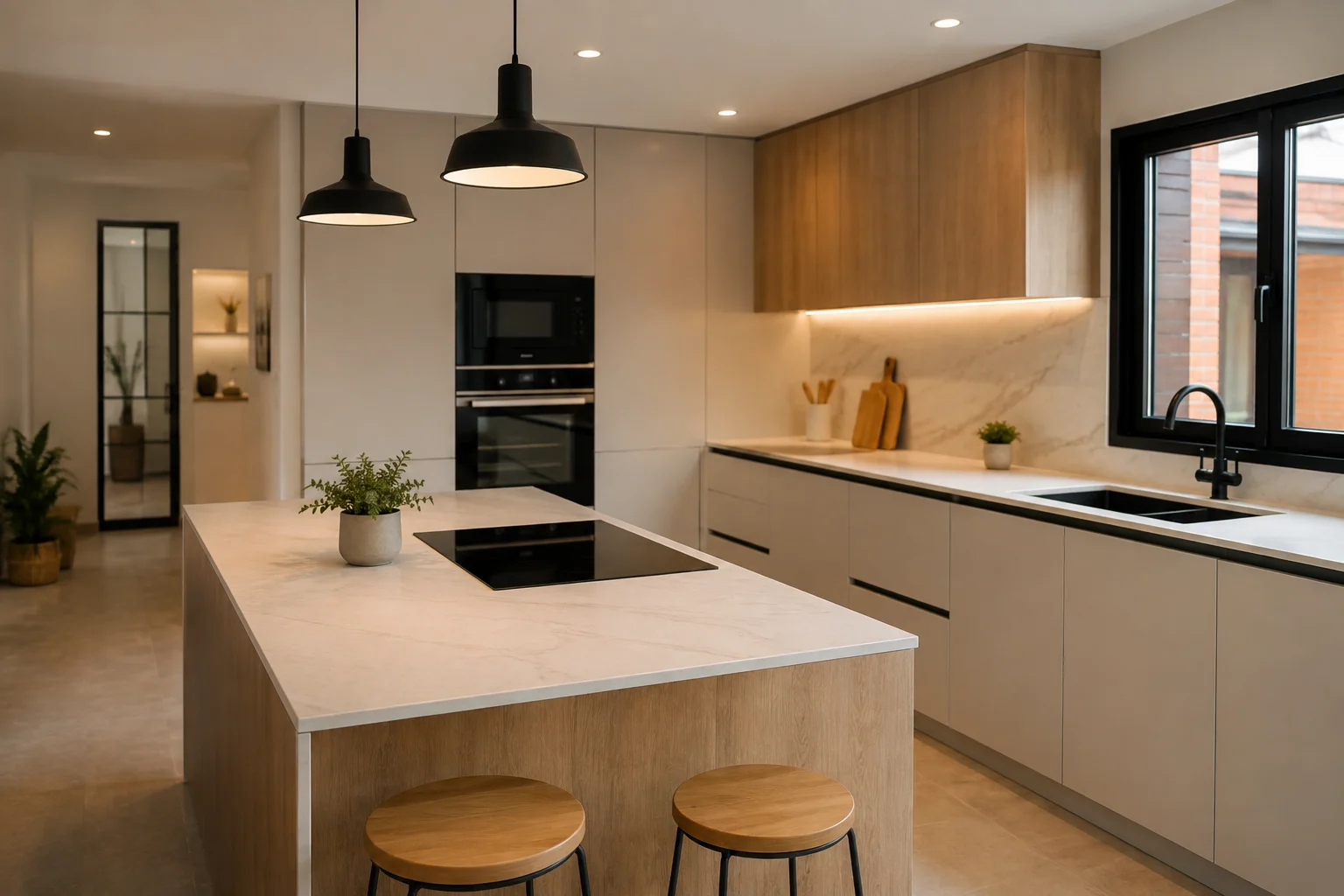 Cocina contemporánea con isla central y ventanal de carpintería negra