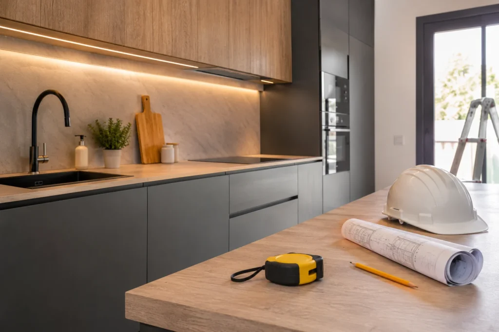 Cocina terminada con casco de obra, planos enrollados y cinta métrica sobre la encimera