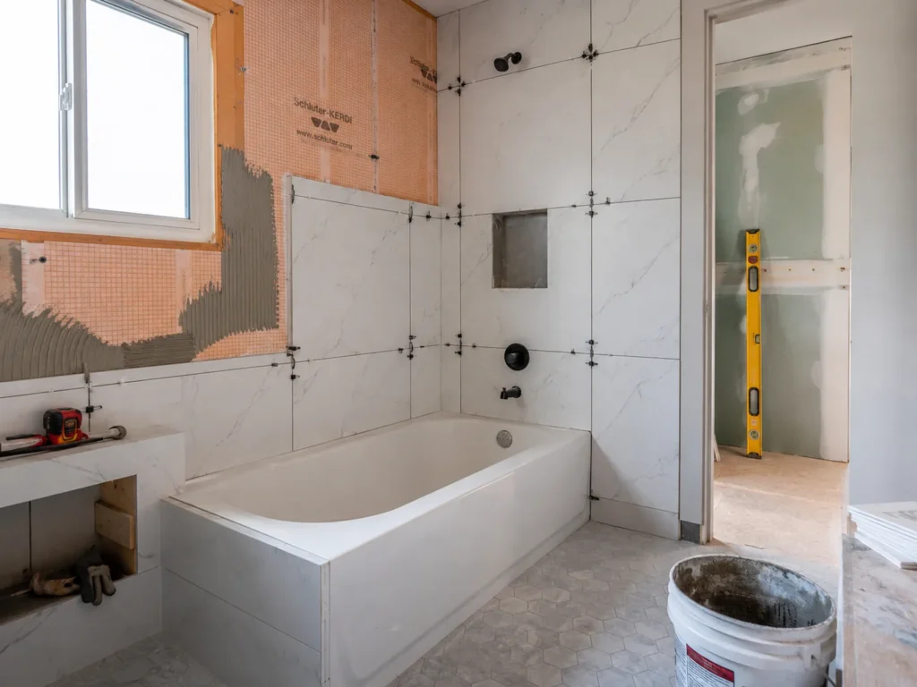 Baño en reforma con azulejos marmoleados