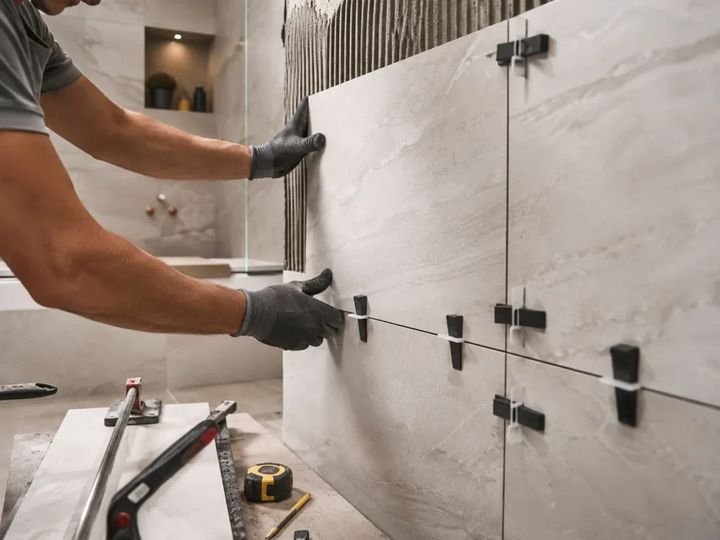 Instalación de azulejos en baño moderno