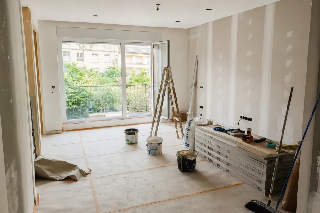 Salón en obra con paredes de placa de yeso, escalera de tijera y paquetes de suelo apilados