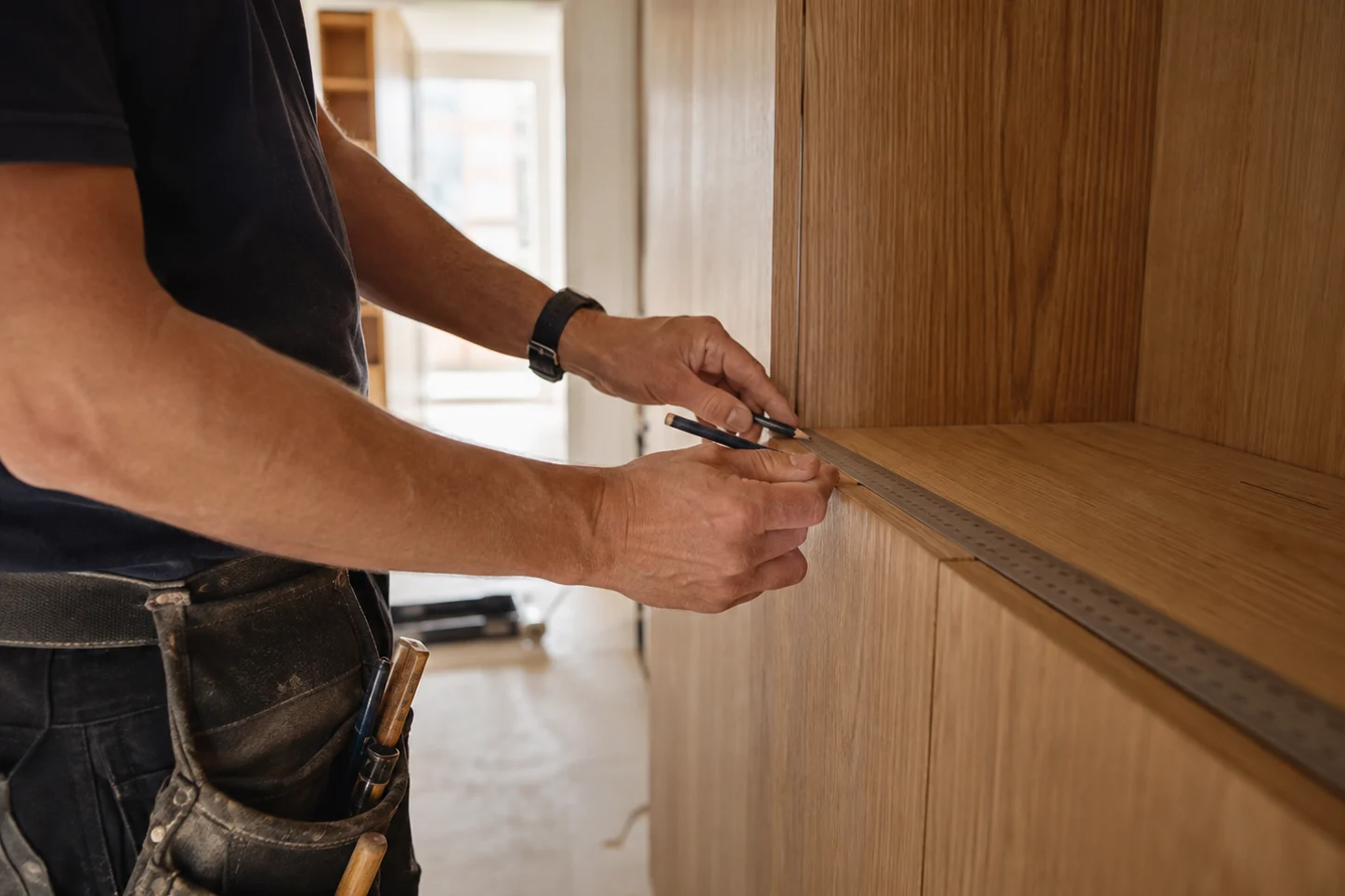 Carpintero midiendo con regla el canto de un mueble de madera