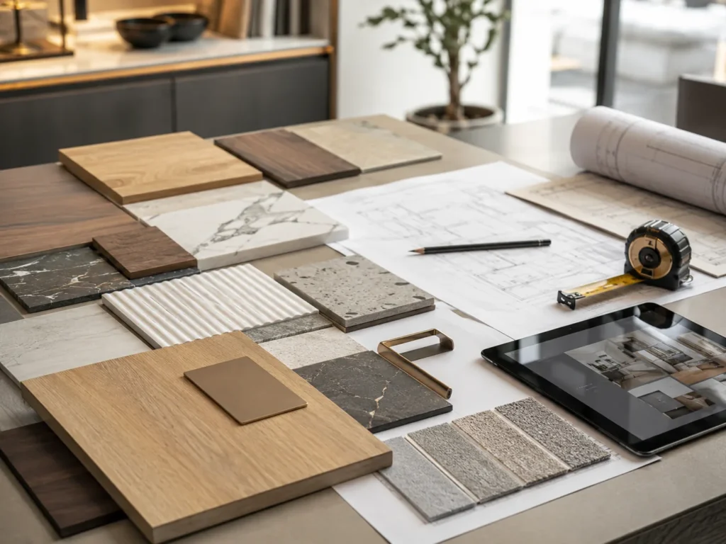 Mesa de diseño con muestras y planos