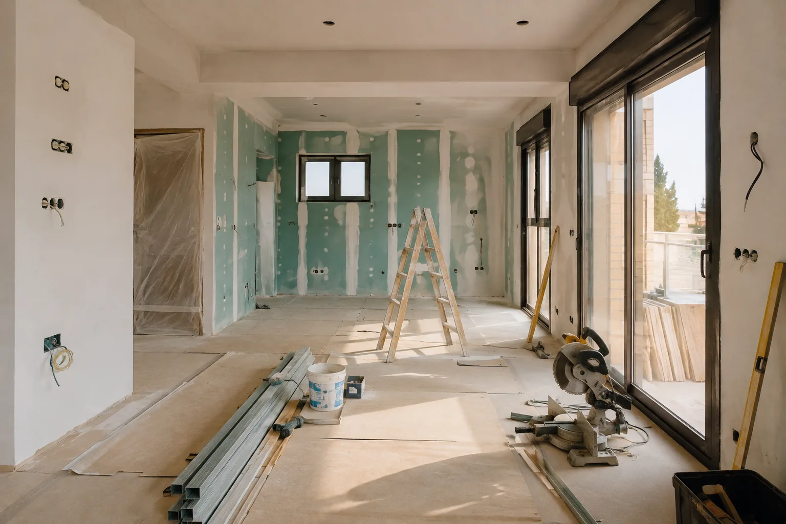 Vivienda en reforma con pladur y herramientas