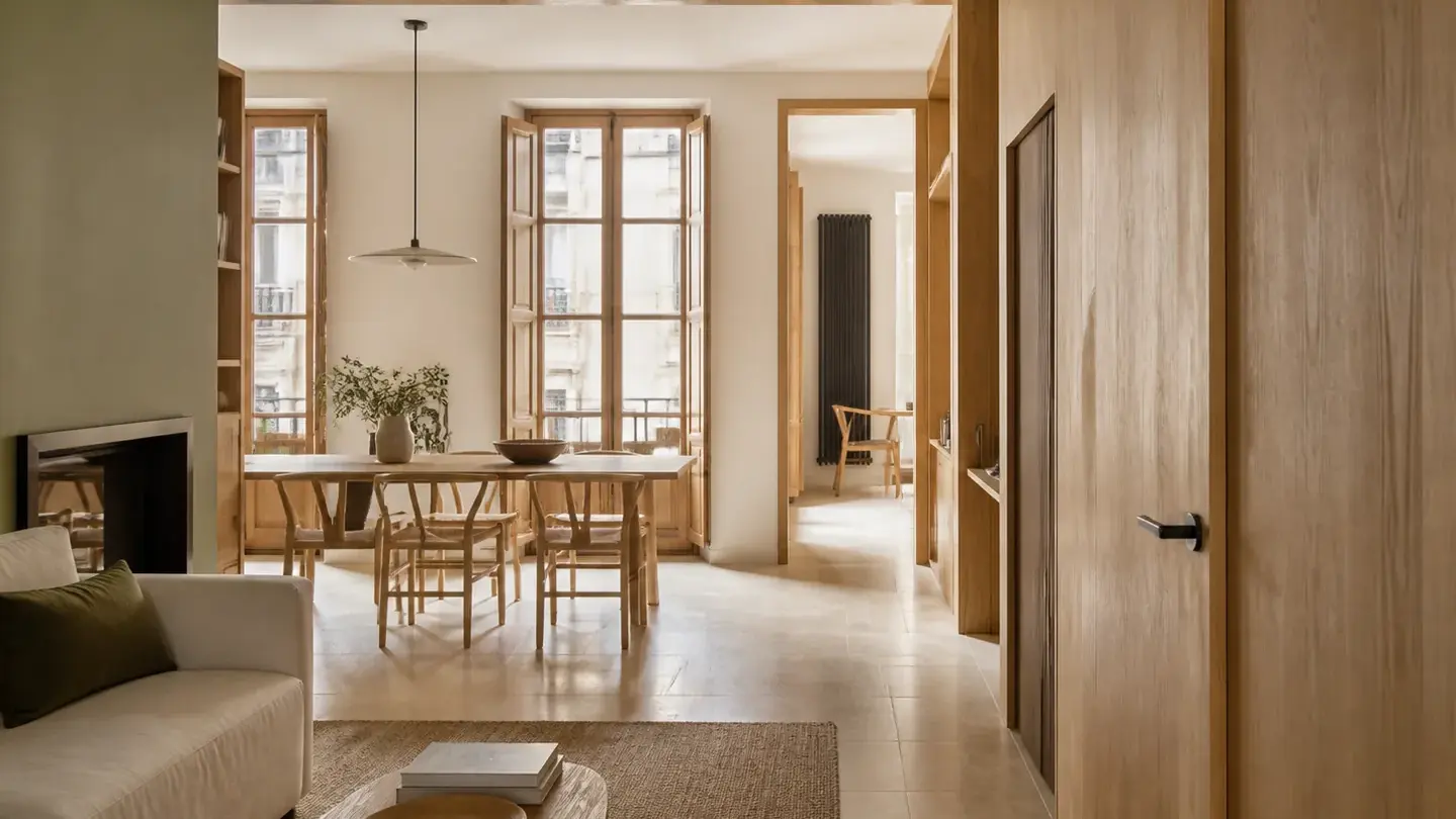 Piso urbano con salón, comedor y circulación integrados en una distribución abierta
