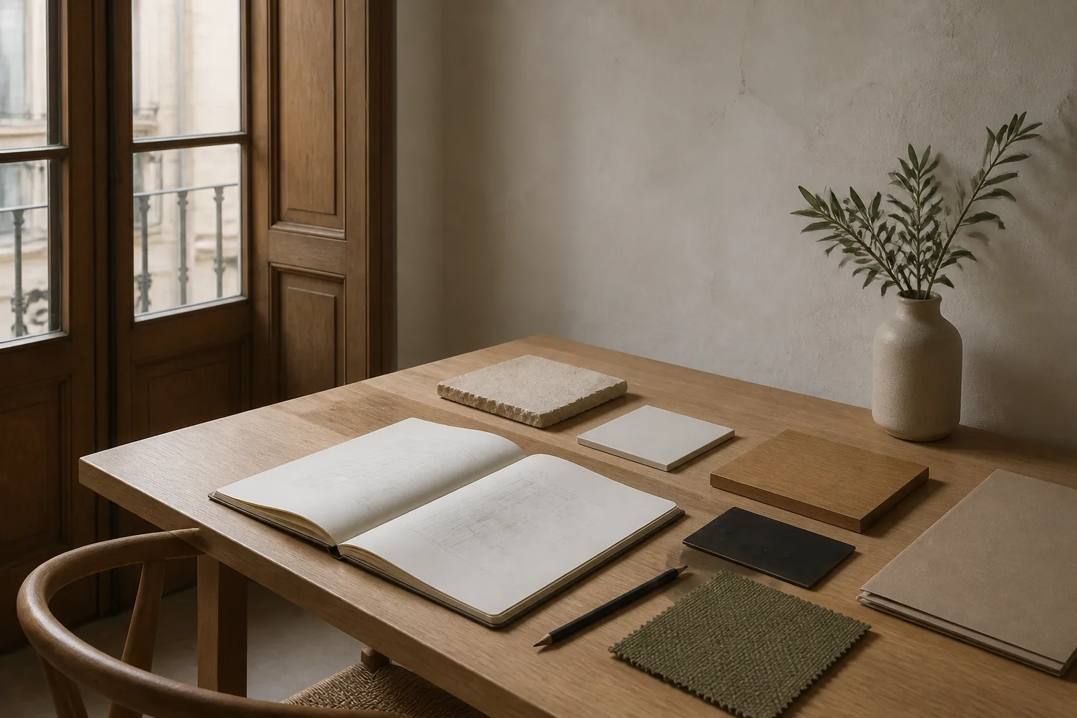 Cuaderno de proyecto y muestras de piedra, madera, metal y tejido sobre una mesa